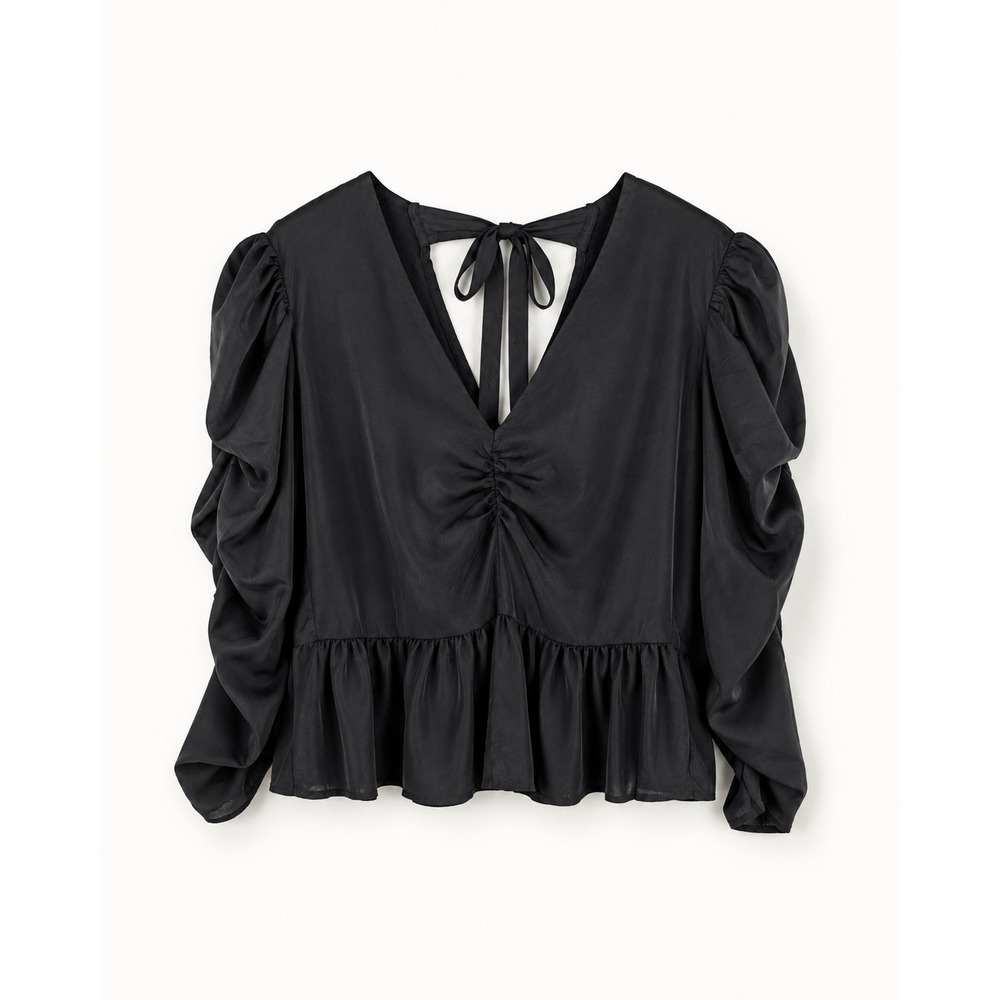 Top Shop Coquette Black Ruched V-Neck Puff Sleeve Peplum Blouse‎ Romantic